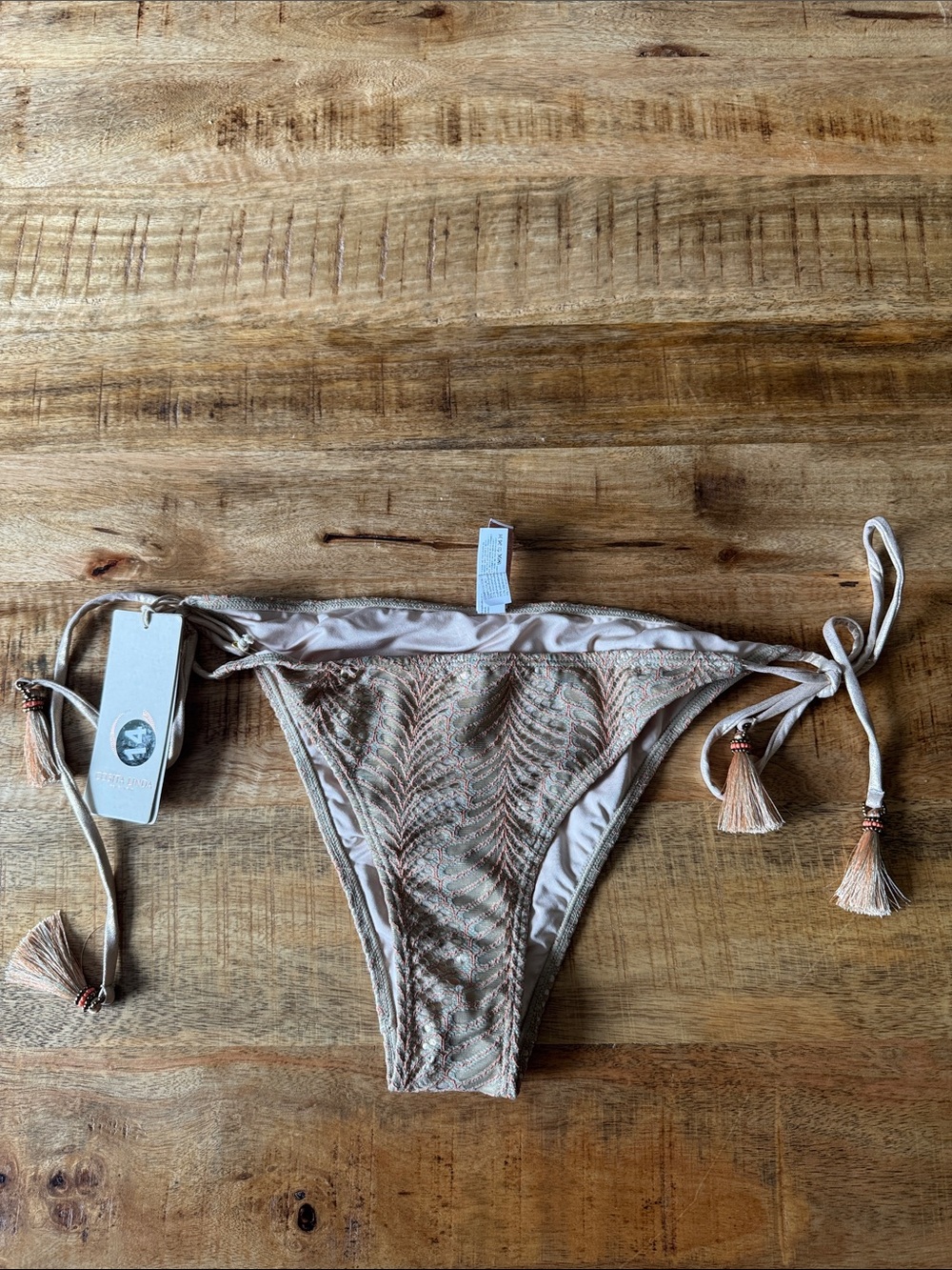 COSITA LINDA Coral Embroidered Beige Tie-Side Bikini swim Bottom Tassels NEW